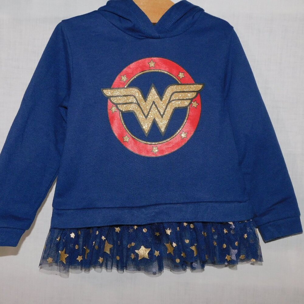 DC Comics Wonder Womens Hoodie with Tulle Ruffle w Gold Stars Toddler Girl 3T
